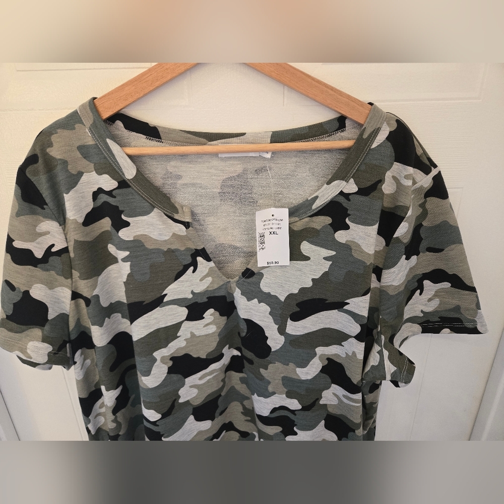 XXL Ricki's Green Beige Grey Black  Camouflage V-Neck T-Shirt Dress Tunic - Picture 2 of 7